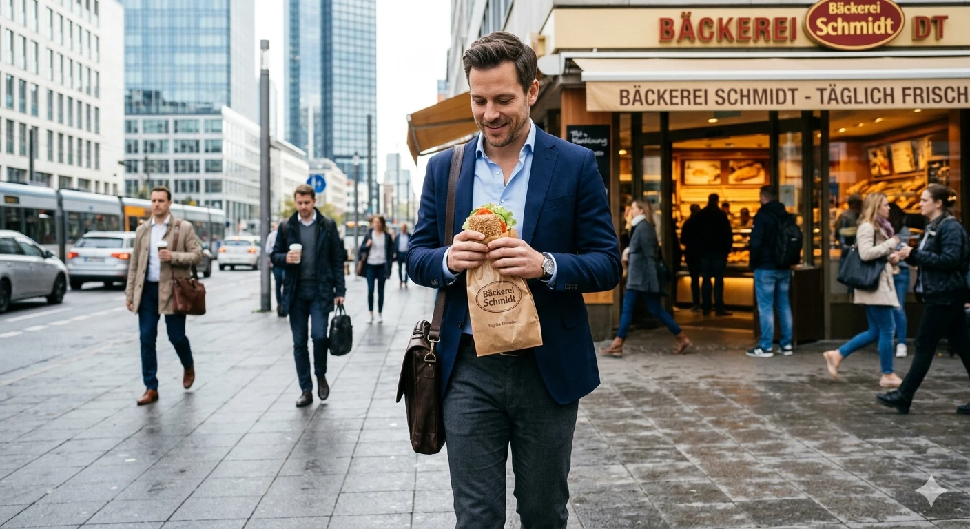 Das Bild zeigt die Person Alex, wie er im Sakko zufrieden mit seinem Brötchen in einer Großstadt unterwegs ist. Das Bild wurde KI-Generiert.