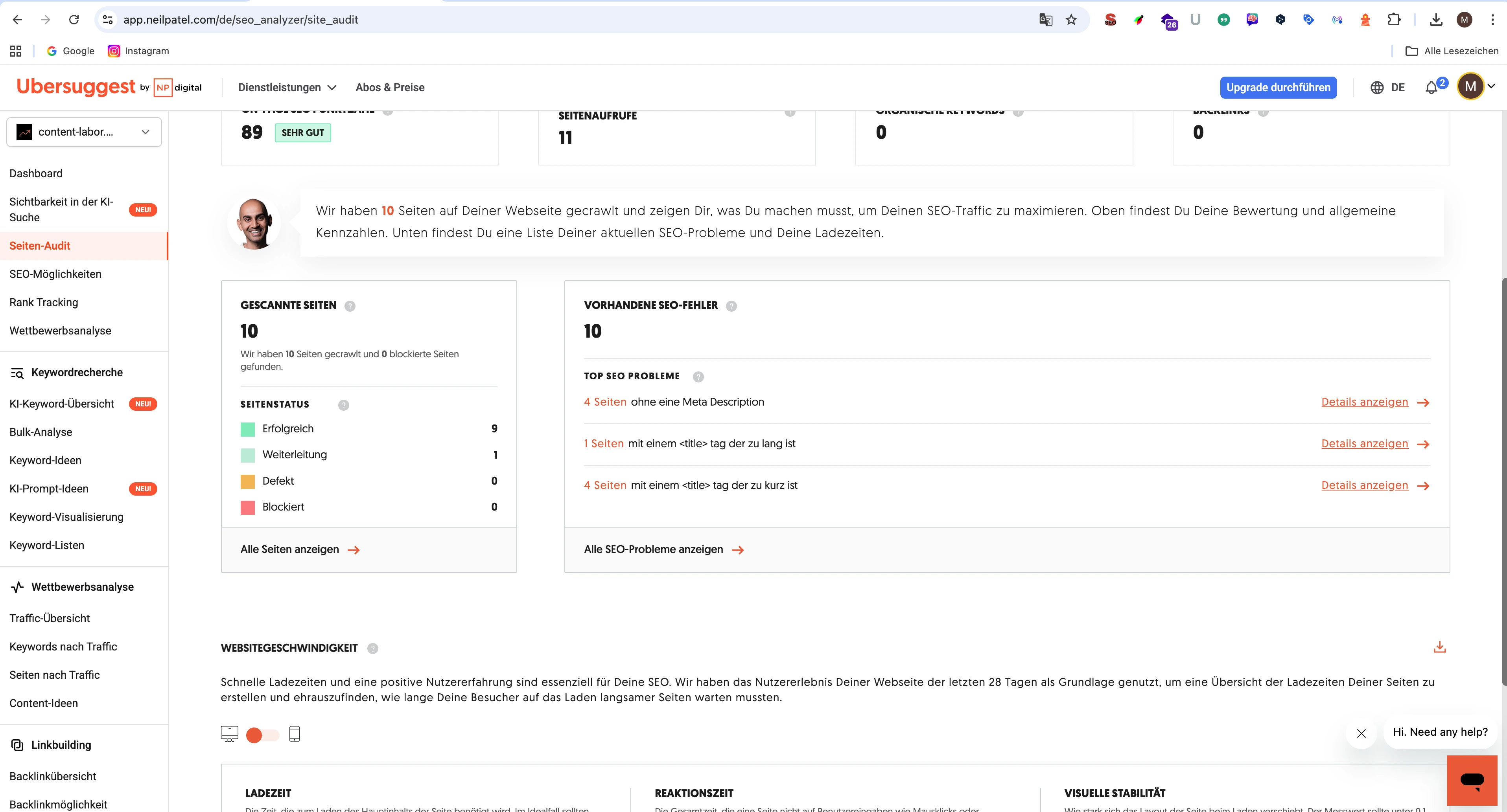 Das Bild zeigt einen Screenshot von Seitenaudit der Webside content-labor.de
Die Anzahl an gecrawlten Seiten, vorhandene SEO-Fehler und der SEO-Score sind zu erkennen.