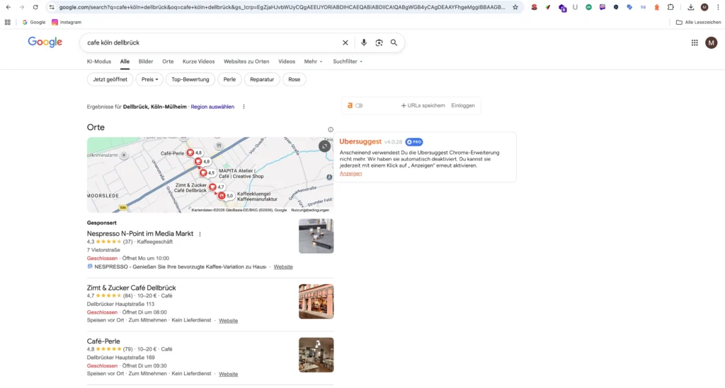 Hier ist ein Screenshot der Google-Suche für "Cafe Köln Dellbrück" zu sehen. Es wird Google Maps angezeigt.