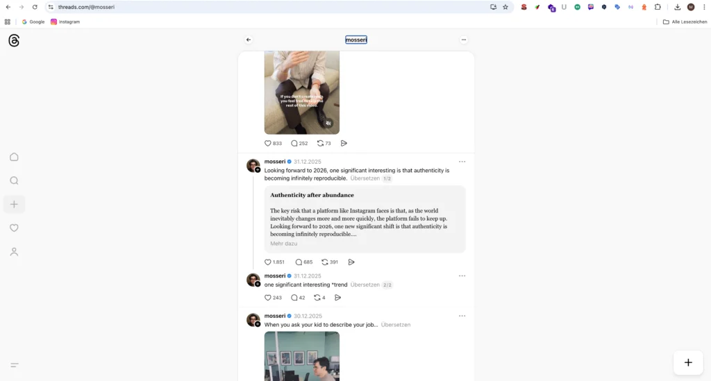 Das Bild zeigt einen Screenshot von einem Thread von Adam Mosseri, dem "Head of Instagram". Er beschreibt die Relevanz von authentischem Content für 2026.