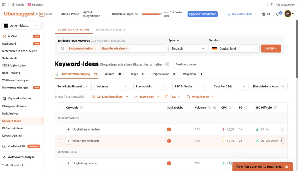 Das Bild zeigt Ubersuggest als Tool zur keyword-Recherche.