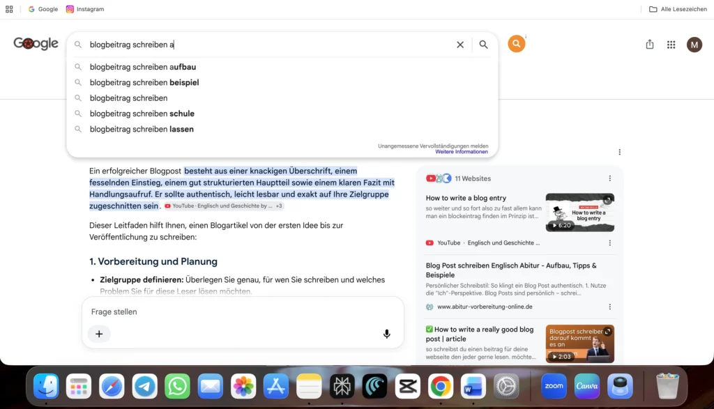 Der Screenshop zeigt, wie nach dem Keyword das Alphabet durchgegangen wird um vorschläge zu erhalten. Hier wird mit a begonnen.