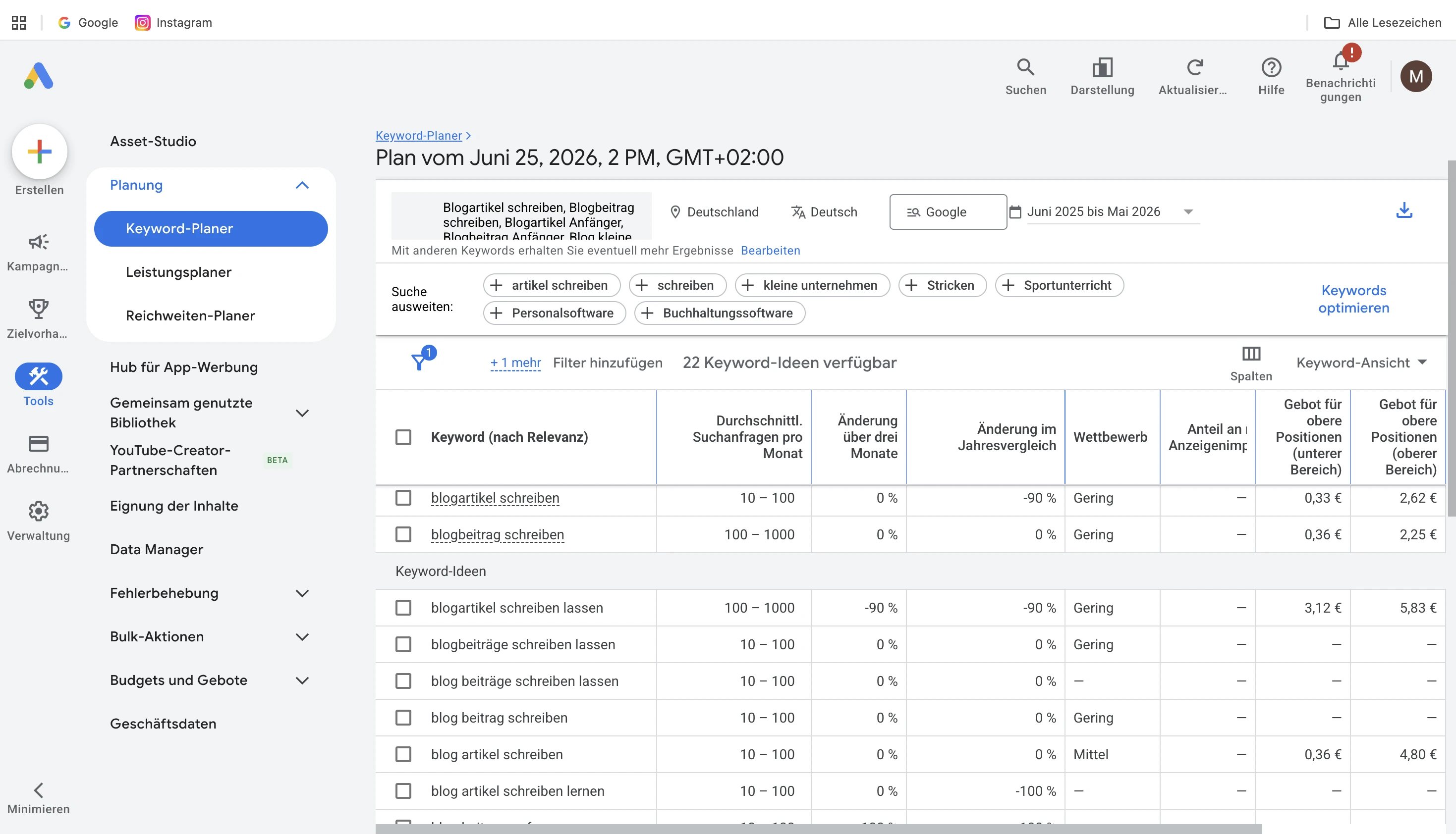 Der Screenshot zeigt die gefundenen Keywords im Google Keyword Planer.